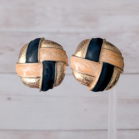 Vintage Clip On Earrings Very Large Chunky Gold Tone & Enamel Circle Statement - Picture 1 of 7